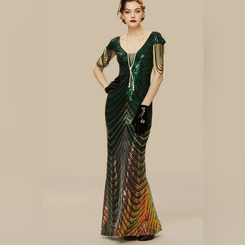 Elegant copper and green maxi formal